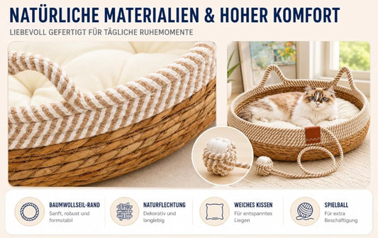 Katzenbett Katzenkorb Katzenhöhle Katzennest Haustierbett aus SIsal mit Kissen und Spielball, atmungsaktiv und waschbar.