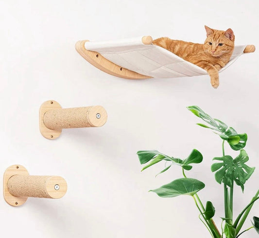 Katzen Kletterwand mit Katzenhängematte, Kratzbaum, Liegeplatz & 2 Kratztreppen