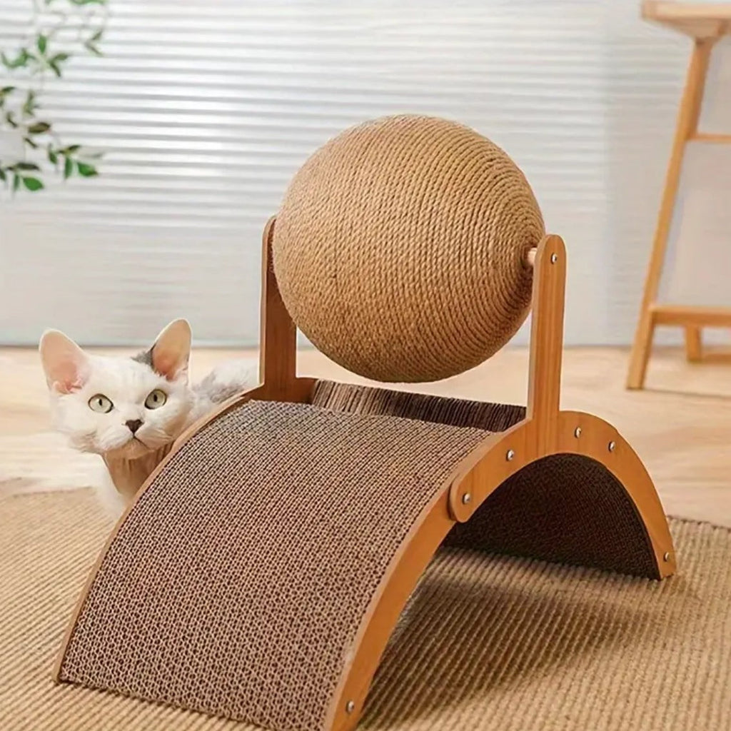 Katze schaut über die Spielkugel des Kratzbaums mit Sisalseil