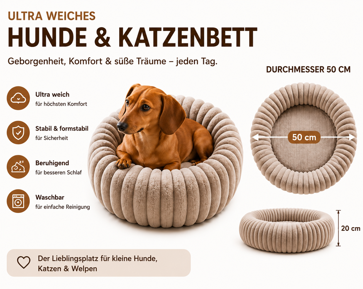 Hundebett& Katzenbett rund 50/80cm Grau - Kuschliges Plüschbett für Katzen & kleine/ mittelgroße Hunde