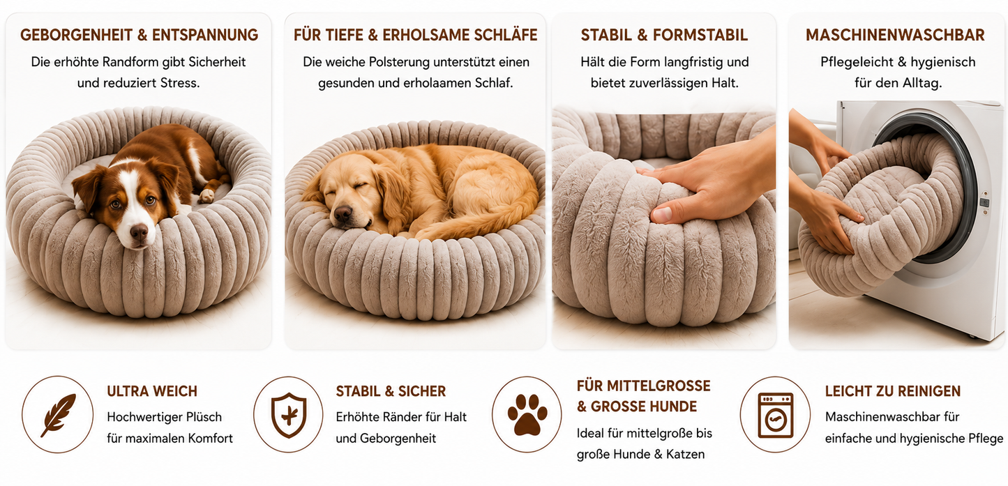 Hundebett& Katzenbett rund 50/80cm Grau - Kuschliges Plüschbett für Katzen & kleine/ mittelgroße Hunde