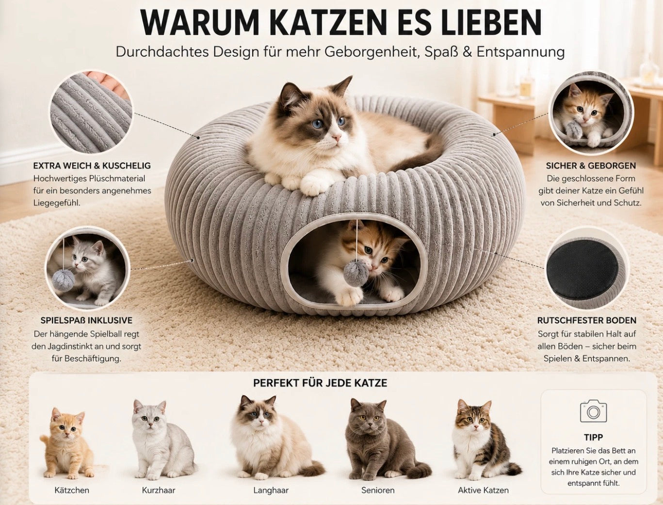 Katzentunnel Katzenbett Katzenhöhle Kuschelbett Katzenhaus Plüsch für Katzen