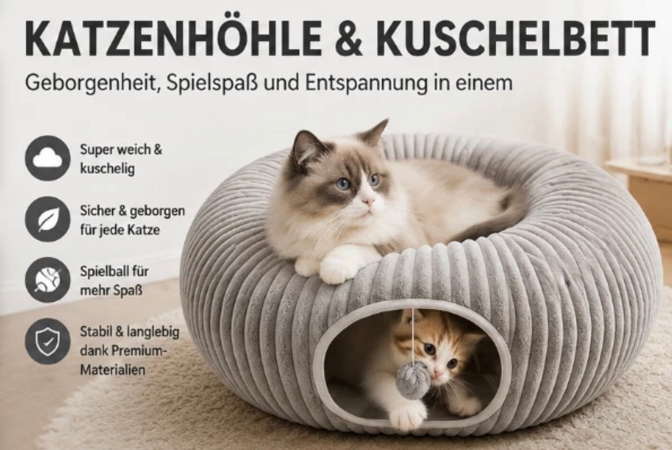 Katzentunnel Katzenbett Katzenhöhle Kuschelbett Katzenhaus Plüsch für Katzen