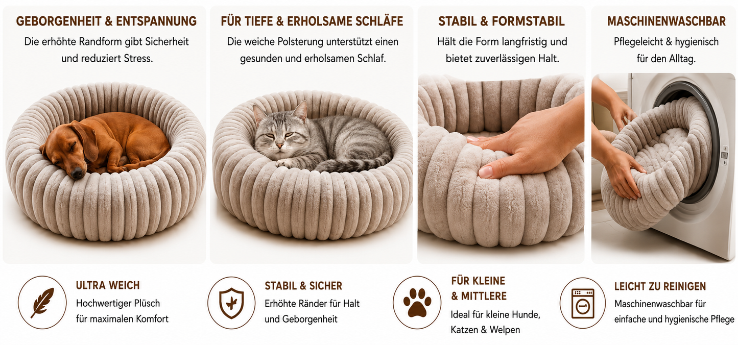 Hundebett& Katzenbett rund 50/80cm Grau - Kuschliges Plüschbett für Katzen & kleine/ mittelgroße Hunde