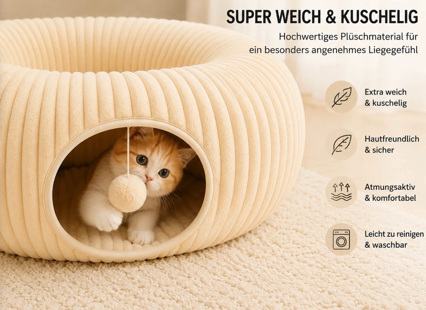 Katzentunnel Katzenbett Katzenhöhle Kuschelbett Katzenhaus Plüsch für Katzen