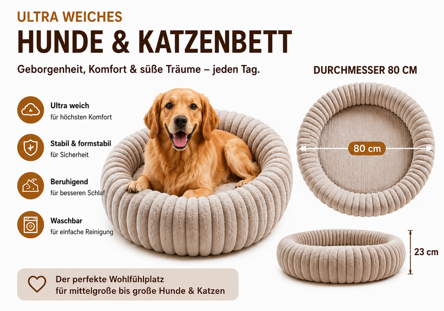 Hundebett& Katzenbett rund 50/80cm Grau - Kuschliges Plüschbett für Katzen & kleine/ mittelgroße Hunde