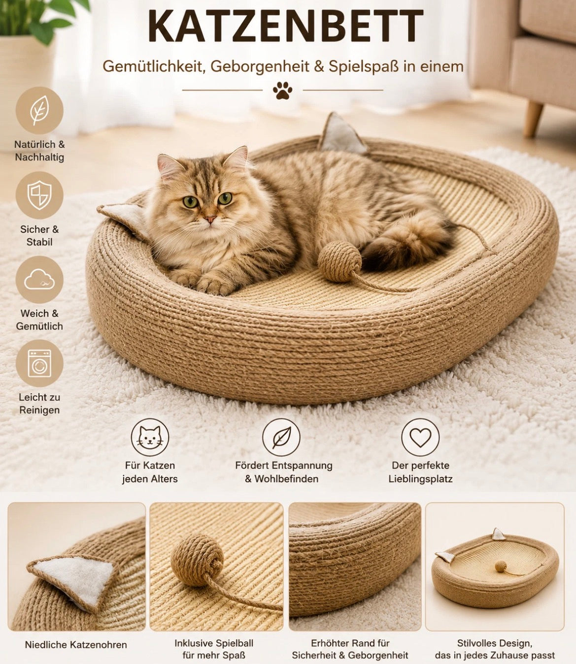 Katzenkratzbrett mit Spielball und Kratzfläche- Kratzbaum, Katzenbett & Katzenspielzeug in einem.