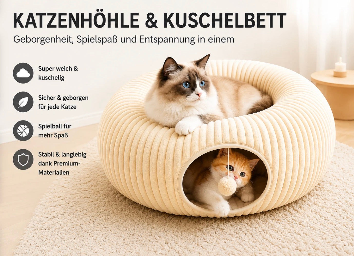 Katzentunnel Katzenbett Katzenhöhle Kuschelbett Katzenhaus Plüsch für Katzen