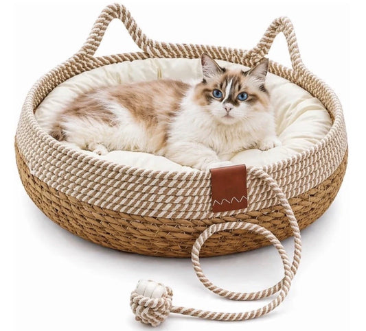 Katzenbett Katzenkorb Katzenhöhle Katzennest Haustierbett aus SIsal mit Kissen und Spielball, atmungsaktiv und waschbar.