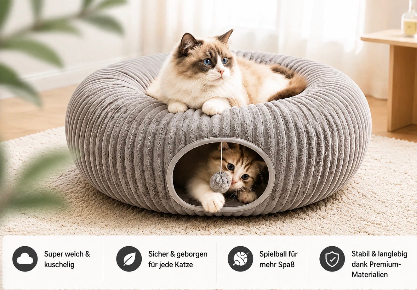 Katzentunnel Katzenbett Katzenhöhle Kuschelbett Katzenhaus Plüsch für Katzen