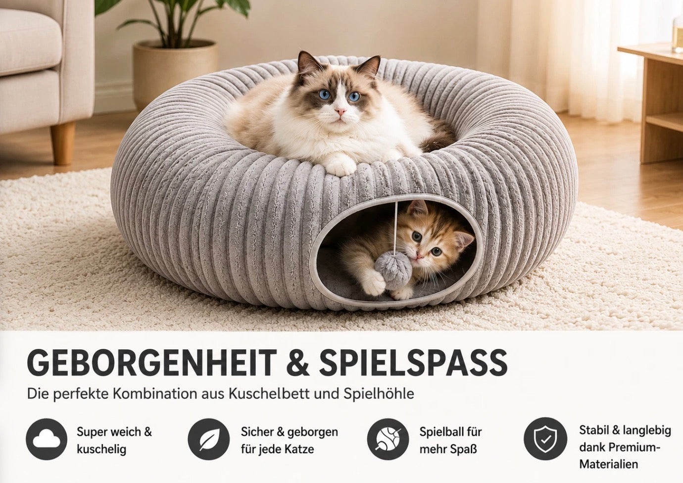 Katzentunnel Katzenbett Katzenhöhle Kuschelbett Katzenhaus Plüsch für Katzen