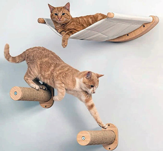 Katzen Kletterwand mit Katzenhängematte, Kratzbaum, Liegeplatz & 2 Kratztreppen