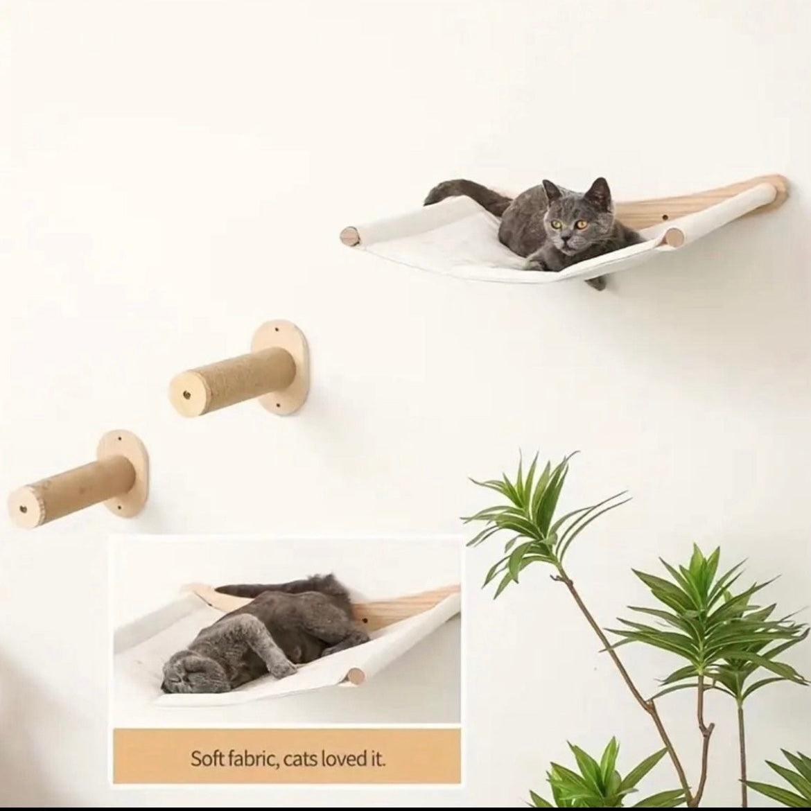 Katzen Kletterwand mit Katzenhängematte, Kratzbaum, Liegeplatz & 2 Kratztreppen