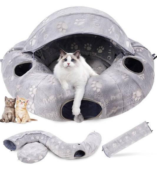 3-in-1 Katzentunnel mit extra Tunnel und Spielzeug, Spielzeug & Bett!