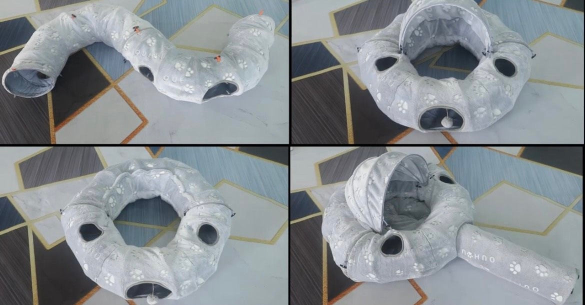 3-in-1 Katzentunnel mit extra Tunnel und Spielzeug, Spielzeug & Bett!