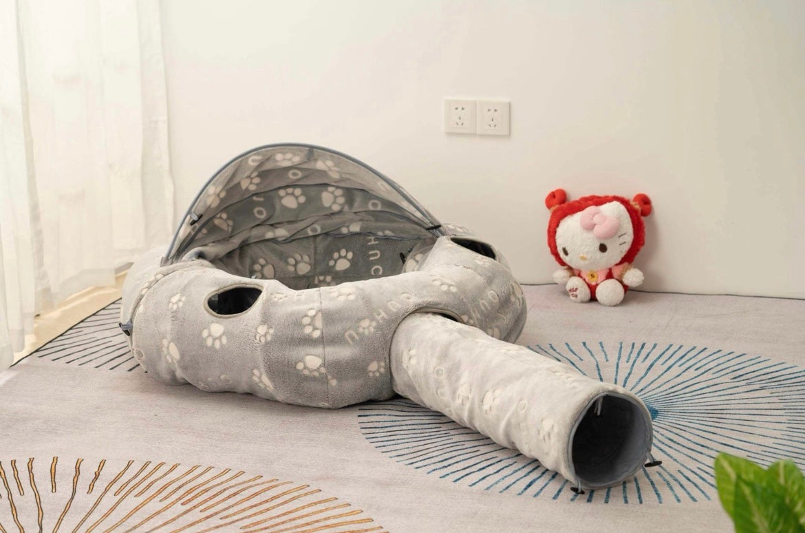 3-in-1 Katzentunnel mit extra Tunnel und Spielzeug, Spielzeug & Bett!