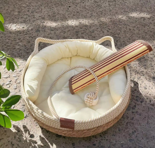 Katzenbett Katzenkorb Katzenhöhle Katzennest Haustierbett aus SIsal mit Kissen und Spielball, atmungsaktiv und waschbar.