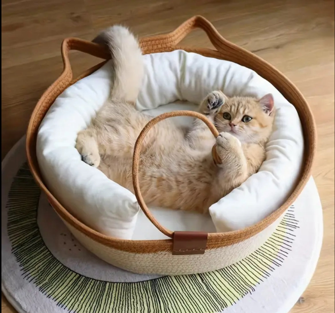 Katzenbett Katzenkorb Katzenhöhle Katzennest Haustierbett aus SIsal mit Kissen und Spielball, atmungsaktiv und waschbar.
