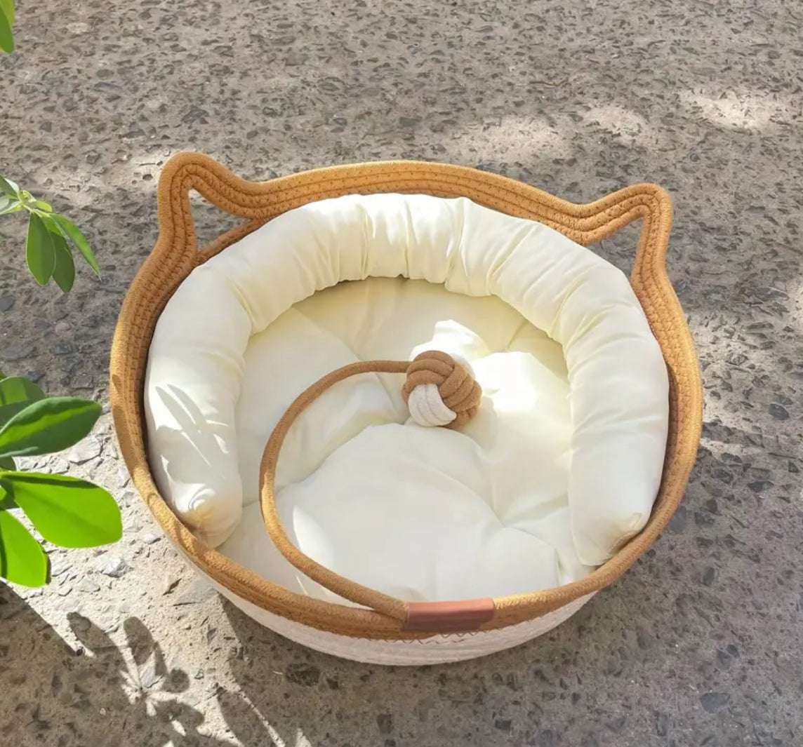 Katzenbett Katzenkorb Katzenhöhle Katzennest Haustierbett aus SIsal mit Kissen und Spielball, atmungsaktiv und waschbar.