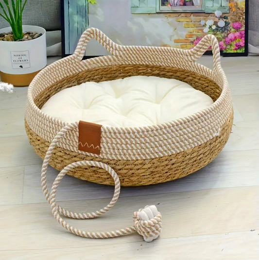 Katzenbett Katzenkorb Katzenhöhle Katzennest Haustierbett aus SIsal mit Kissen und Spielball, atmungsaktiv und waschbar.