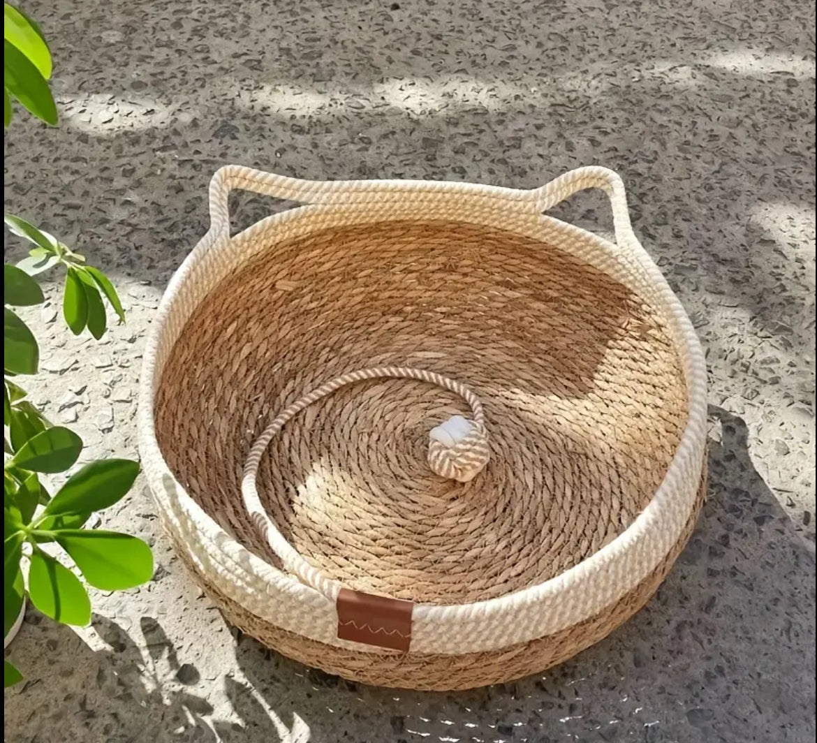 Katzenbett Katzenkorb Katzenhöhle Katzennest Haustierbett aus SIsal mit Kissen und Spielball, atmungsaktiv und waschbar.