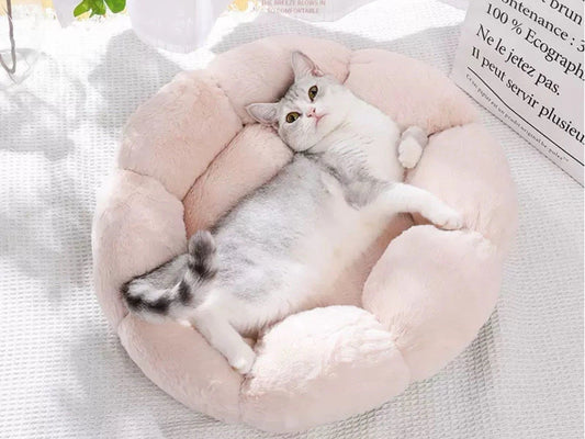 Katzenbett Hundebett rund 50 cm Plüsch grau/beige - perfekter Schlafplatz für Katzen & kleine Hunde.
