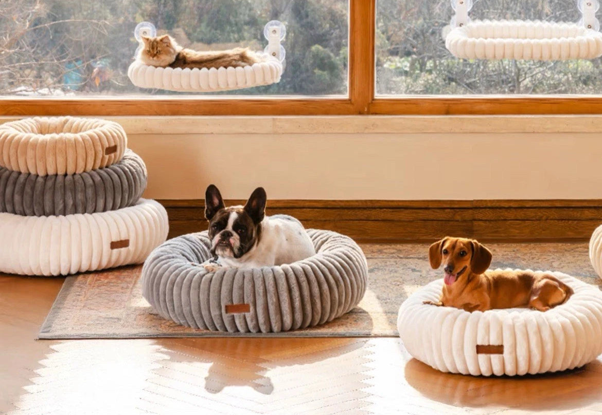 Hundebett& Katzenbett rund 50/80cm Grau - Kuschliges Plüschbett für Katzen & kleine/ mittelgroße Hunde