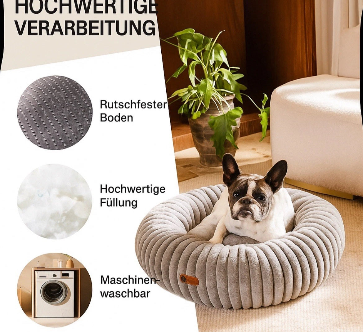 Hundebett& Katzenbett rund 50/80cm Grau - Kuschliges Plüschbett für Katzen & kleine/ mittelgroße Hunde