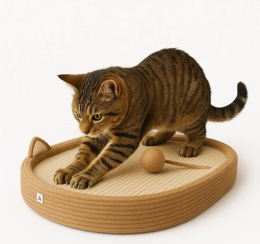 Katzenkratzbrett mit Spielball und Kratzfläche- Kratzbaum, Katzenbett & Katzenspielzeug in einem.