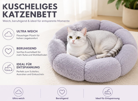 Katzenbett Hundebett rund 50 cm Plüsch grau/beige - perfekter Schlafplatz für Katzen & kleine Hunde.